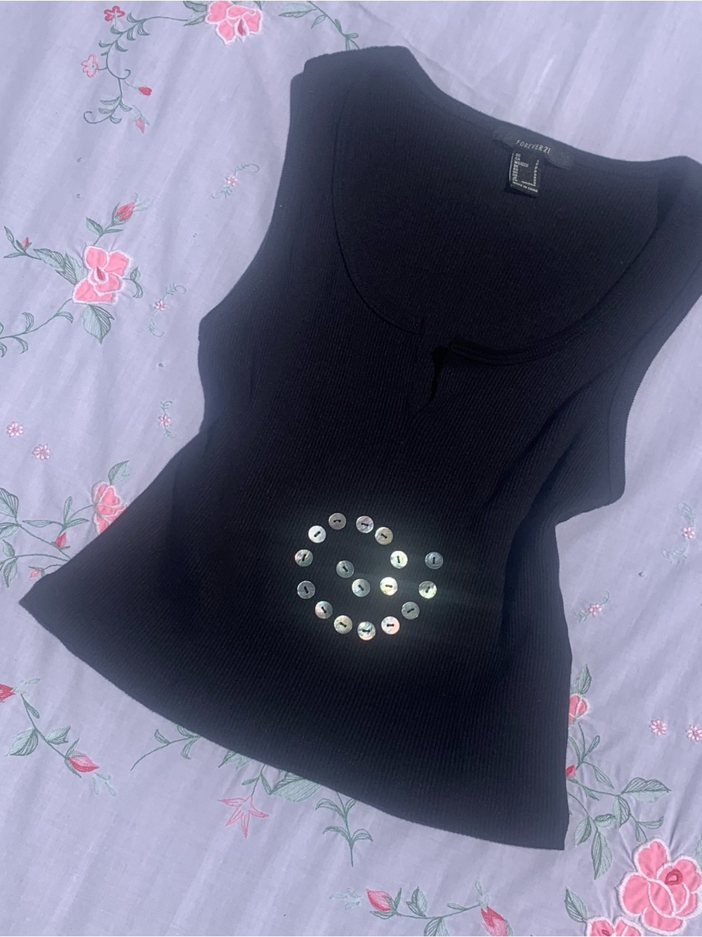 Black Upcycled Tank Top with shell button spiral